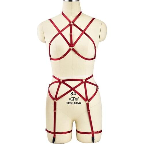 Red Body Harness Lingerie Set Exotic Cage Bralette Dancewear Devil Costume Burlesque Lingerie Bondage Thong Panties