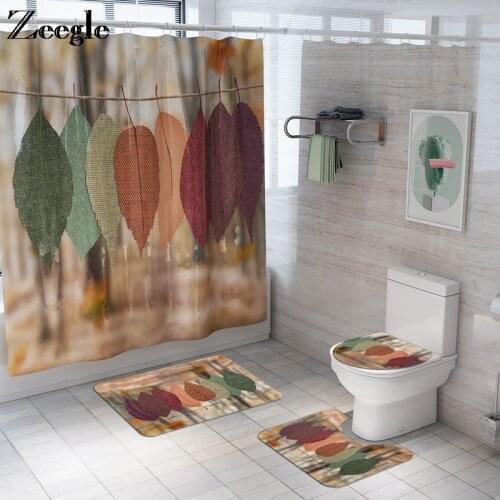 Zeegle Shower Curtain and Bath Mat Set Washable Toilet Pedestal Rug Foot Mat Waterproof Bathroom Curtain Flannel Soft Toilet Set