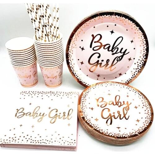 Baby Girl Disposable Tableware Baby Shower Party Paper Plate Cup Straws Tablecloth Gender Reveal Party Decor