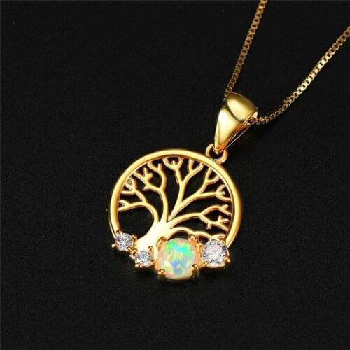Vintage Female White Opal Pendant Necklaces Cute Rose Gold Color Wedding Necklaces For Women Crystal Tree Of Life Chain Necklace