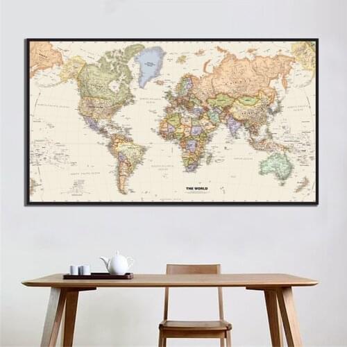 A2 Size Retro World Map Mercator Projection Detailed Map of Major Cities In Each Country Non-woven Vintage Map Wall Decor Poster