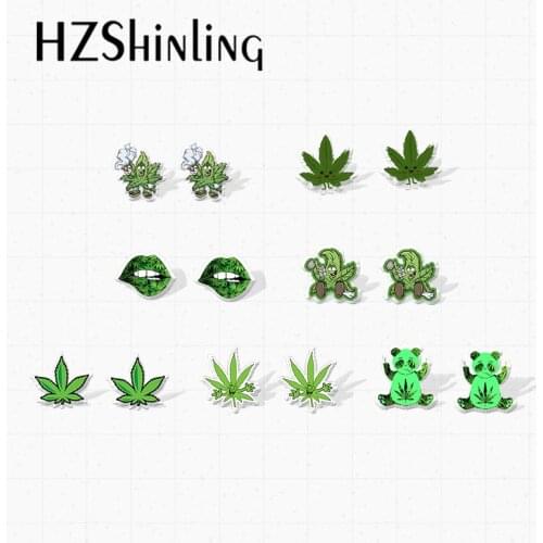 2021 New Kawaii Funny Leaves Character Smoking Graffiti Handcraft Epoxy Acrylic Stud Earrings