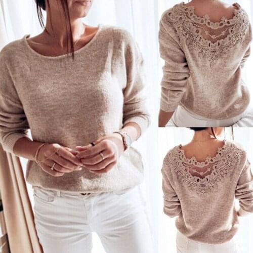 Spring Womens Clothes Sexy Elegant Lace Stitching Backless Pullover Woman T shirt Long Sleeve Jumper Top Knitted Top Bodycon Tee