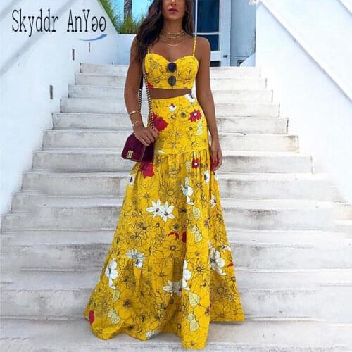 Floral Print Summer Dresses For Women 2020 Two Piece Skirt Set Spaghetti Strap Crop Top And Maxi Long Skirt Party 2 Piece Sets