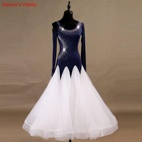 Professional Ballroom Dancing Dress Long Sleeves Organza Dresses Women Sparkly Diamond Dance Costumes Flamenco Waltz Dance Dress