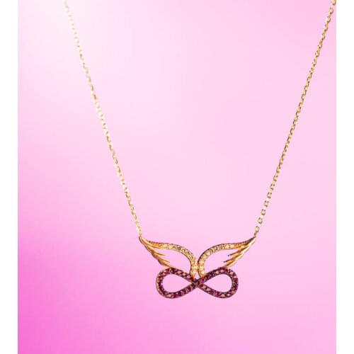 Women Infinity Necklace with Purple Angel Wings Unique Design Necklace Solid 925 Sterling Silver Maden in Turkey Women For Gifts