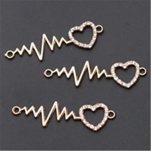 8pcs KC Golden Handmade Rhinestone Electrocardiogram and peach Heart Charm Connector For Bracelet DIY Jewelry findings A941