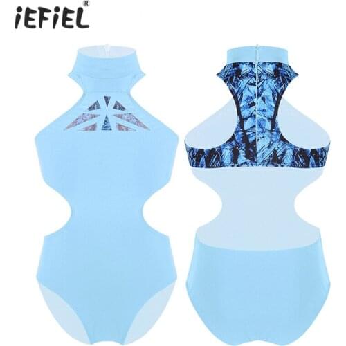 Kids Girls Sleeveless Mock Neck Ballet Costumes Racer Back with Zipper Closure Cutouts Waist Gymnastics Leotard Jumpsuit SZ 4-14