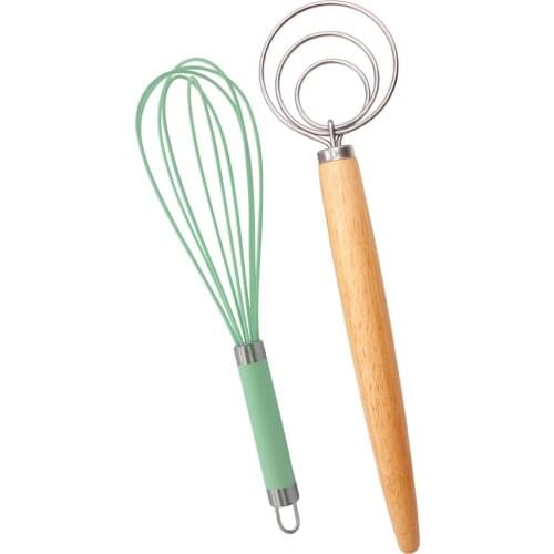 DIY Bread Making Tools Set Danish Dough Whisk+ Egg Beater Flour Coil Agitator Whisk Stick Oak Wood Handle Blender