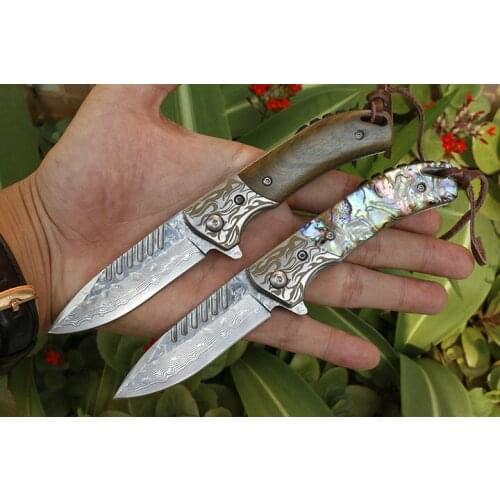 Camping Pocket Folding Knife Damascus Steel Outdoor Tactical Self-Defense Knife Kitchen Paring Knife EDC Walking Combat Tool