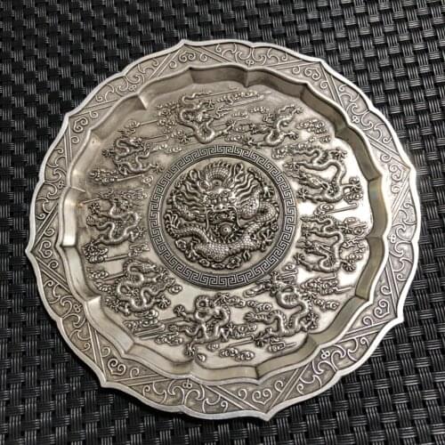 China Elaboration Old Tibet Silver Engrave Propitious Dragon Dish Metal Crafts Home Decoration#3