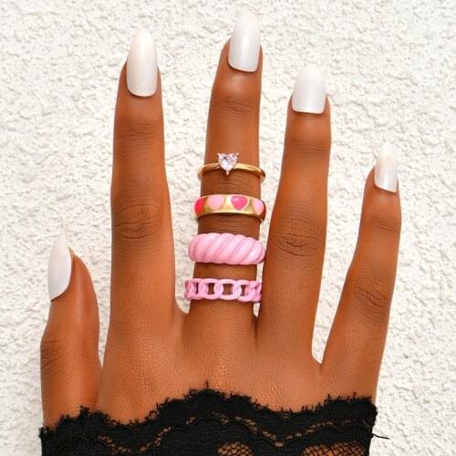 Trendy Crystal Drip Oil Heart Rings for Women Sweet Geometric Rings Set Party Jewelry Gifts