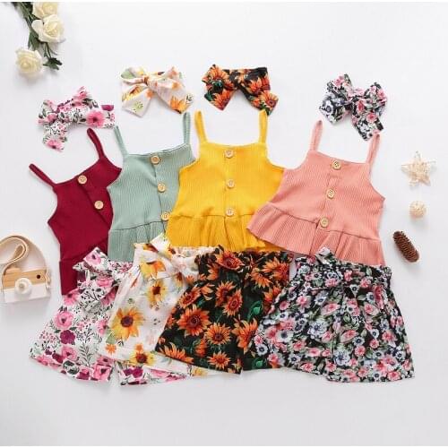 3PCS Set Kids Baby Girl Clothes Sets Flowers Print Sleeveless Button Tops High Waist Bow Shorts Headband Outfits Summer Clothes