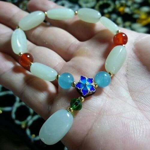 Natural White Yellow HETIAN Nephrite Buddha beads Bracelets Round Beads Chinese fortune Bangles woman Mens Jades Jewelry