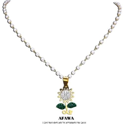 Stainless Steel Crystal Sun Flower Necklaces Gold Color Statement Necklace Imitation Pearls Jewelry collares de perlas N4903S01