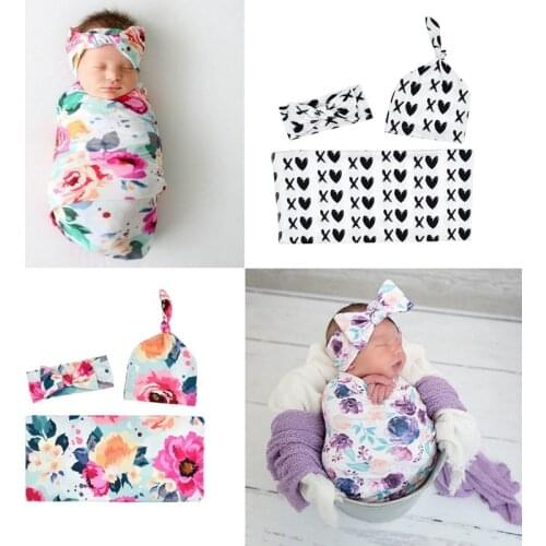 Baby Swaddle Blanket Newborn Baby Floral Swaddle Blanket Girl Boys Hat Receiving Blanket Infant Swaddle Wrap Headband 3pcs/set