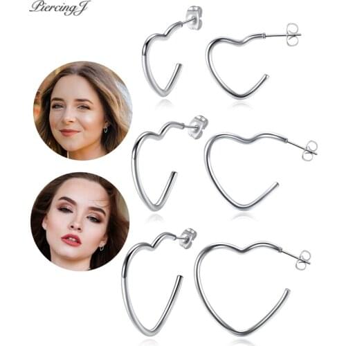 PiercingJ Stainless Steel 20Ga/0.8mm Earrings Gold Silver Rose Gold Heart-shaped Open Hoop Earring Ears Piercing Jewelry 3 Color
