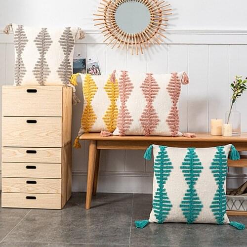 Grey Pink Yellow Geometric Embroidery Cushion Cover Tassels Home Decor Pillow Cover 45x45cm Rhombus Sofa PillowCase Pillow Sham