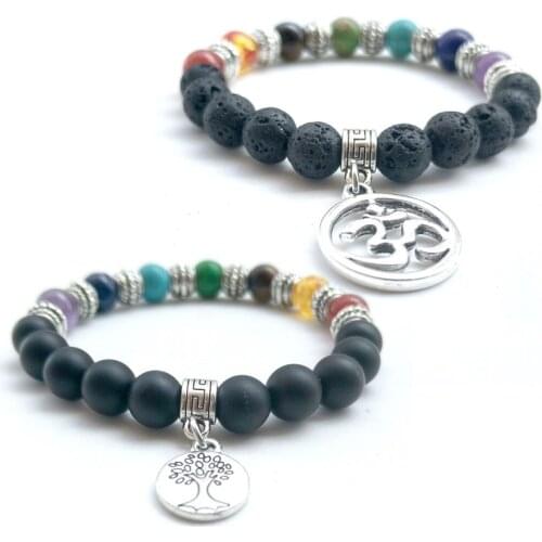 Tree of Life Charms Seven Chakras Lava Stone Beads Bracelet Matted Black Stone Rainbow Beads Stretch Yoga Strand Jewelry