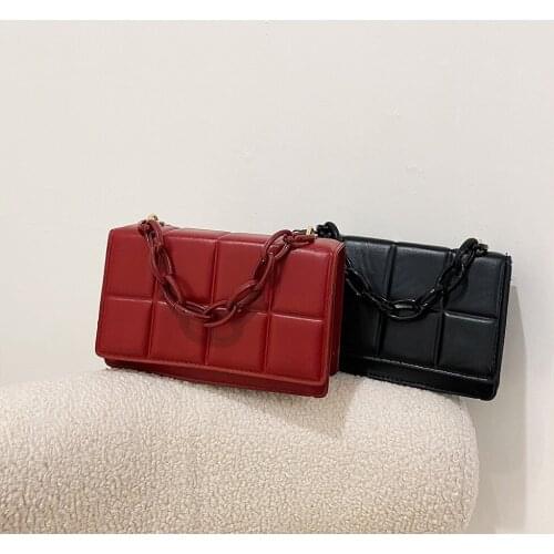 New Fashion Square Flap Women Crossbody Bag Retro PU Leather Checked Chain Handbags Casual Solid Female Shoulder Messenger Bags