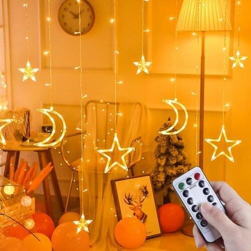 LED Moon Star Curtain Lamp String Light Garland Fairy Lights Christmas Holiday Lights Window Wedding Decoration