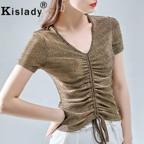2020 Womens Shining V-Neck Gothic Solid T-Shirts Sexy OL Tops Patchwork Basic Shirt Korean Vintage Pleated Drawstring Clothes