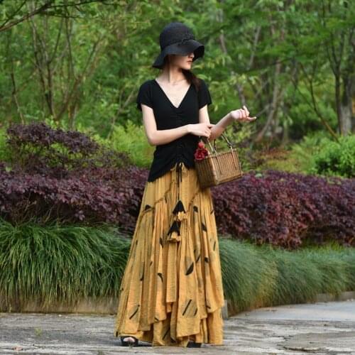 Free Shipping 2020 New Fashion Long Maxi A-line Elastic Waist Women Spring Summer S-2XL High Quality Print Vintage Linen Skirts