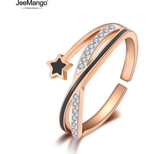 JeeMango Bohemia Style Stainless Steel Party Rings For Women Girls Fashion Black Glaze Star Rhinestone Open Ring Jewelry JR19115