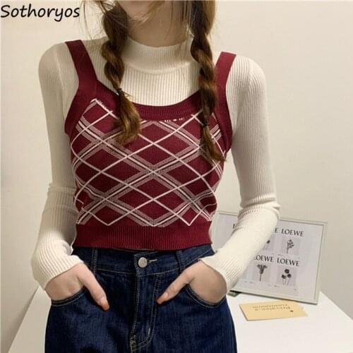 Women Sweater Vests Knitted Sleeveless Trendy Slim Retro Temperament All-match Classic Argyle Lovely Daily Casual Teens Sweet