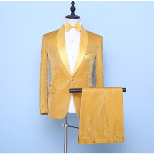 Gold velvet blazer men groom suit set with pants yellow mens wedding suits costume singer stage clothing formal dress 996