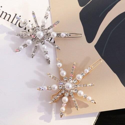 1Pc New Shining Crystal Pearls Snowflake Hairpins For Women Elegant Headband Barrettes Hair Clips Diy Hair Styling Tools