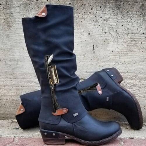 2020 New Zip Womens Boots Round Toe Mid-heel Zipper Knight Boots Square Heel Long-tube Womens Boots Zapatos De Mujerp