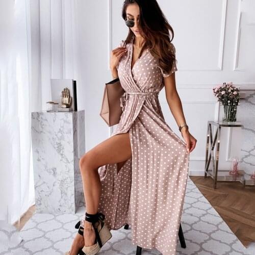 2021 Summer New Fashion Women Sexy V-Neck Printing Split Midi Dress For Polka Dot Plus Size Bohemian Beach Vacation Long Dresses