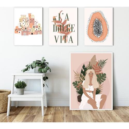 Abstract Burnt Orange Girl with leaf Wall Art Canvas Painting Tiger Fruit Minimalist Drawing Posters Boho Prints Home Decoration