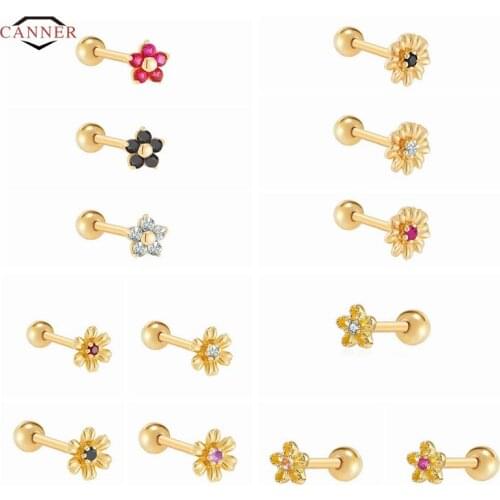 CANNER 2pcs 925 Sterling Silver Zircon Sunflower Daisy Flower Womens Stud Earrings Piercing Earring Earings Jewelry Pendientes
