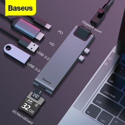 Baseus Dual USB C HUB To USB 3.0 HDMI SD TF Card Reader RJ45 Adapter PD Charging USB HUB For MacBook Pro 2016/2017/2018 Splitter