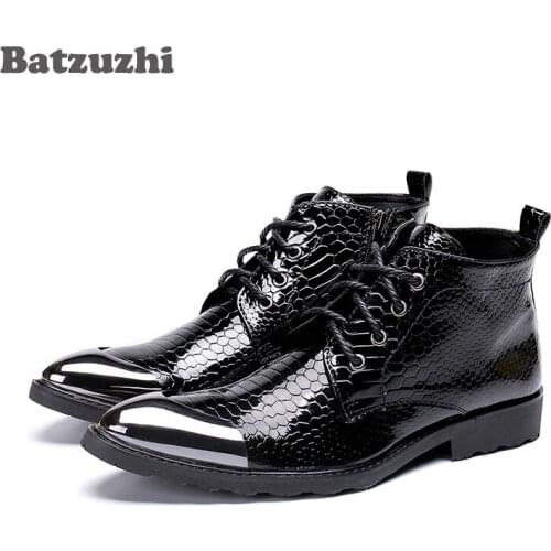 Batzuzhi Handmade Boots Men Pointed Metal Tip Black Leather Ankle Boots Lace-up Western Fashion Botas Hombre Cool, Big Sizes 46