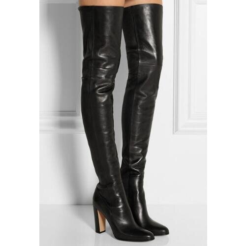 Plain Leather Black Thigh High Boots Square Heel Round Toe Zip Over Knee High Boots Autumn Shoe Fashion Motorcycle Booties Women