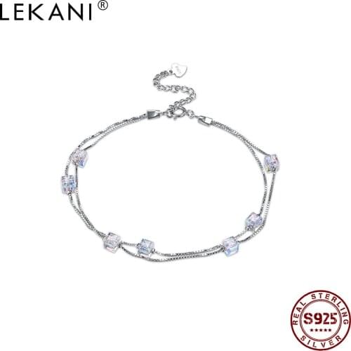 LEKANI 925 Sterling Silver Bracelets For Women Geometric Square Austria Crystal Adjustable Charm Bangle Bracelet Jewelry Gift
