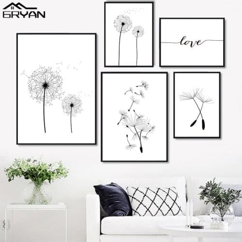 Black & White Flying Dandelion Flower Print Poster On Canvas Life Love Quote Painting Nordic Wall Art Picture Living Room Decor
