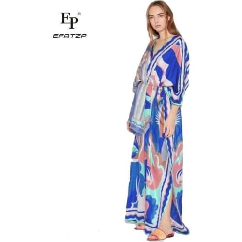 EFATZP New Middle East Loose Size V-Collar Fashion Printed Elastic Knitted Leisure silk jersey Dresses