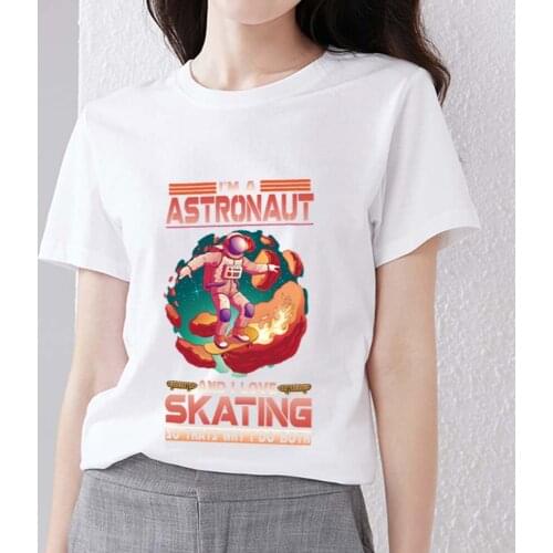 Womens White T-shirt Casual Cartoon Mars Astronaut Print All-match Series Tops Comfortable Ladies Fashion Slim Round Neck Tops