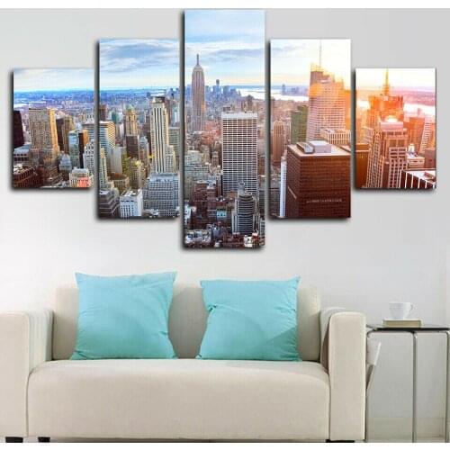 Pictures New York City Skyscrapers Suny Poster 5 Piece Canvas Print Wall Art Decor HD Print Home Decor Paintings 5 panel