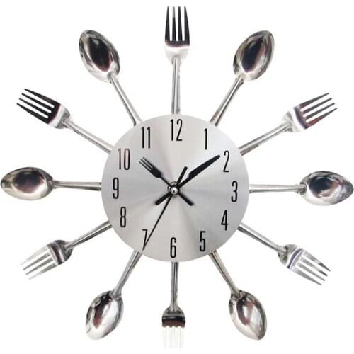 Timelike Kitchen Wall Clock 3D Removable Modern Creative Cutlery Spoon Fork Wall Clock Mirror Wall Sticker Room Home Decoration