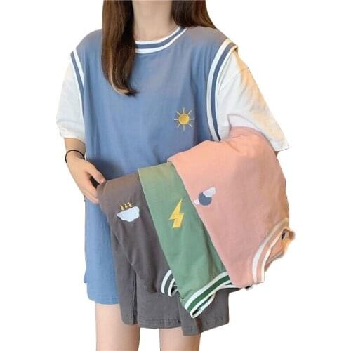 Summer Hip Hop Short Sleeves Tshirt Street Fashion Womens Fake Two Pieces T-shirt Weather Sun Lightning Embroidery Tee Shirt