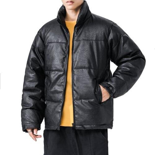 Mens Winter Stand Collar PU Leather Short Cotton Coats Solid Couple Casual Thick Down Jacket Parkas Autumn Waterproof Warm Tops