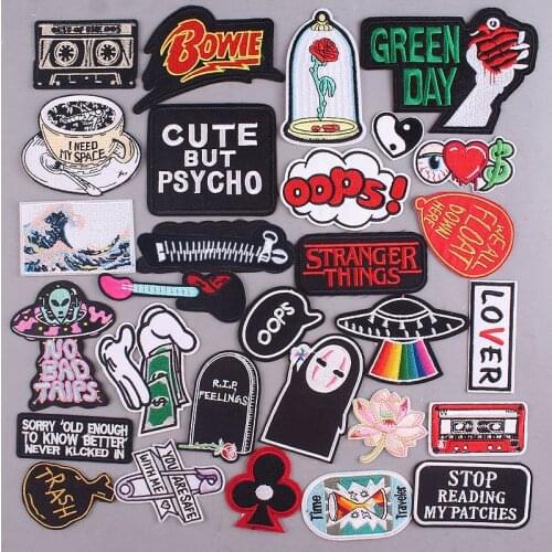Letter Patch Stripe Iron On Embroidered Patch For Clothing UFO Alien Patch Cartoon Patches Hippie Rock Appliques Cloth Badges