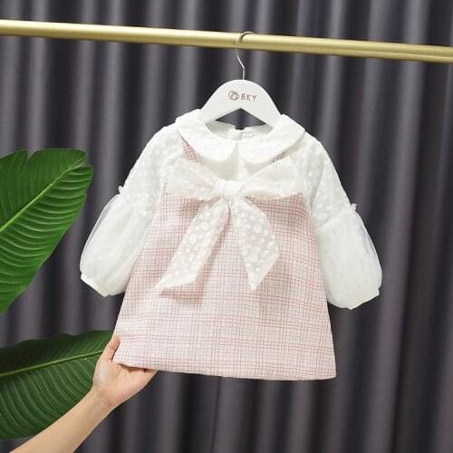 Brand New Baby Girl Dot Mesh Long Sleeved Big Bow Princess Dress Elegant Girls Kids Patchwork Dresses Clothes Children Clothing
