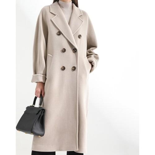 2021 Autumn Winter Mid-Length Woolen Coat Solid Color Double Breasted Cotton Coats Loose Casual Overcoat With Belt