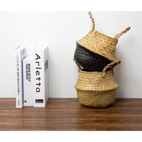 Woven Belly Basket with Handles Seagrass Garden Plant Basket Laundry Organizer Picnic Food Container Plant Pot Decor 20x18cm